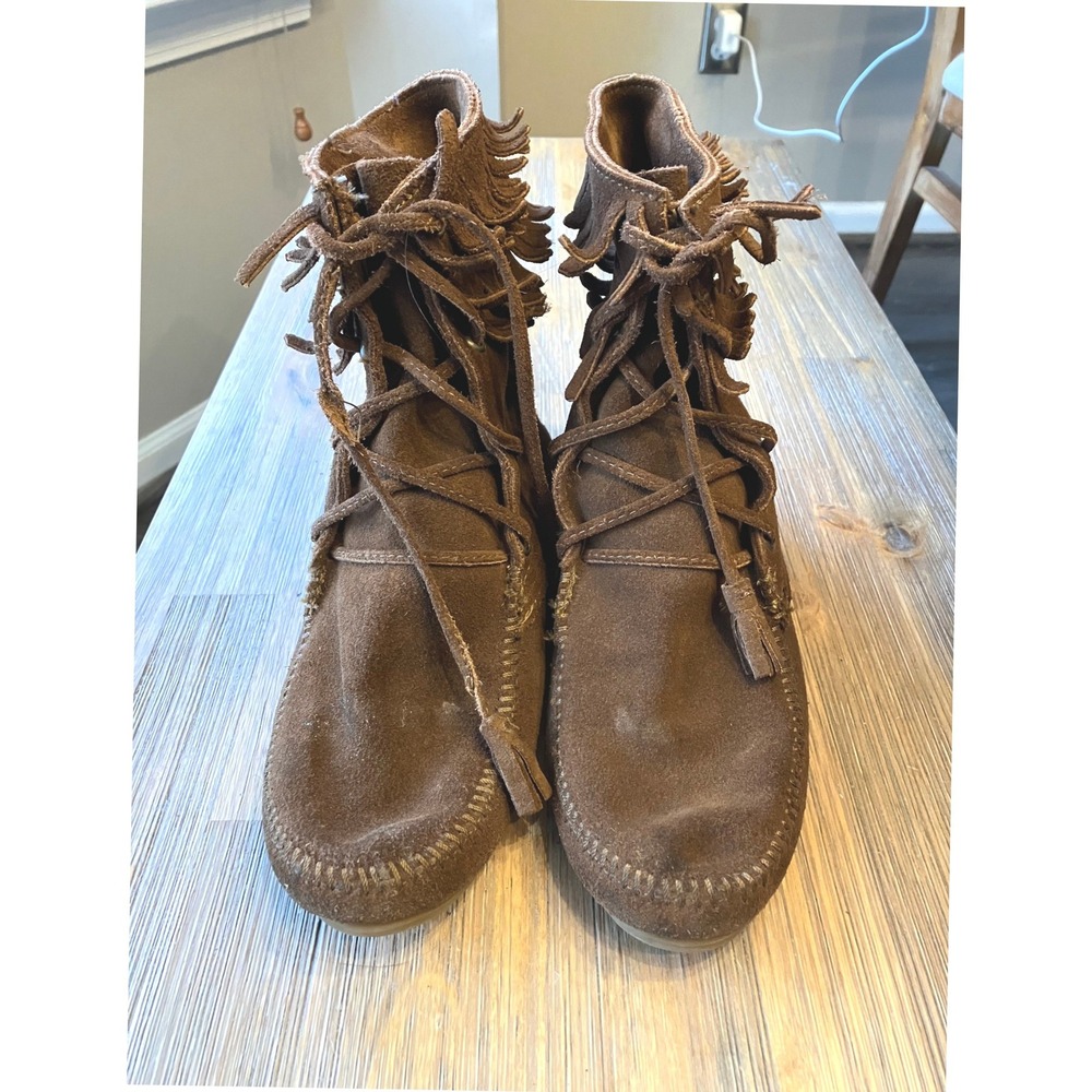 Minnetonka Tramper Double‎ Fringe Brown Suede Lace Up Boot Boho Festival Size 8 - Picture 2 of 8